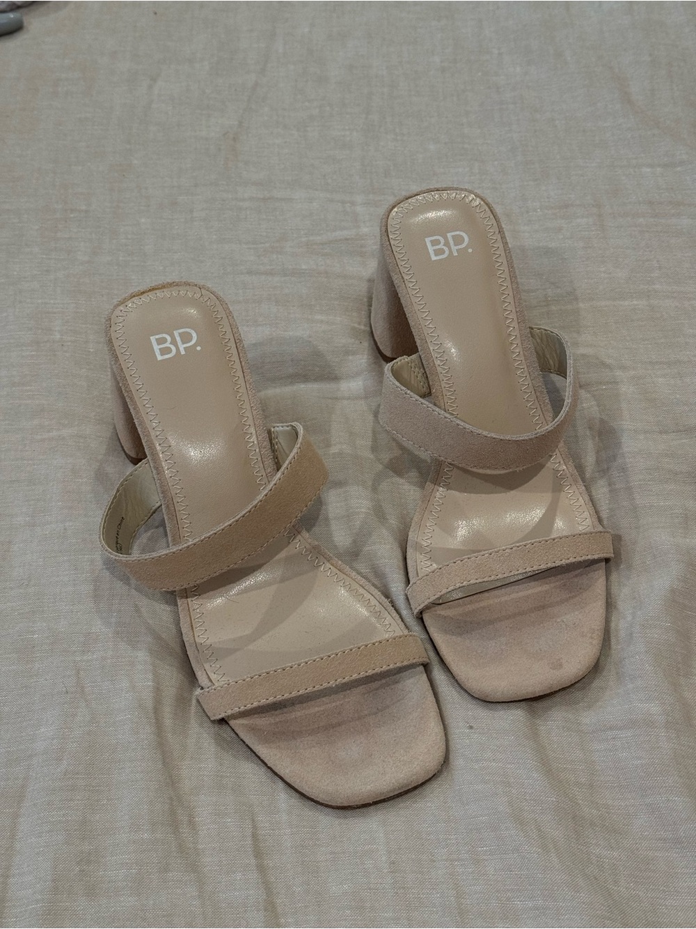 bp Neutral Beige Suede Double Strap Block Heel Sandals